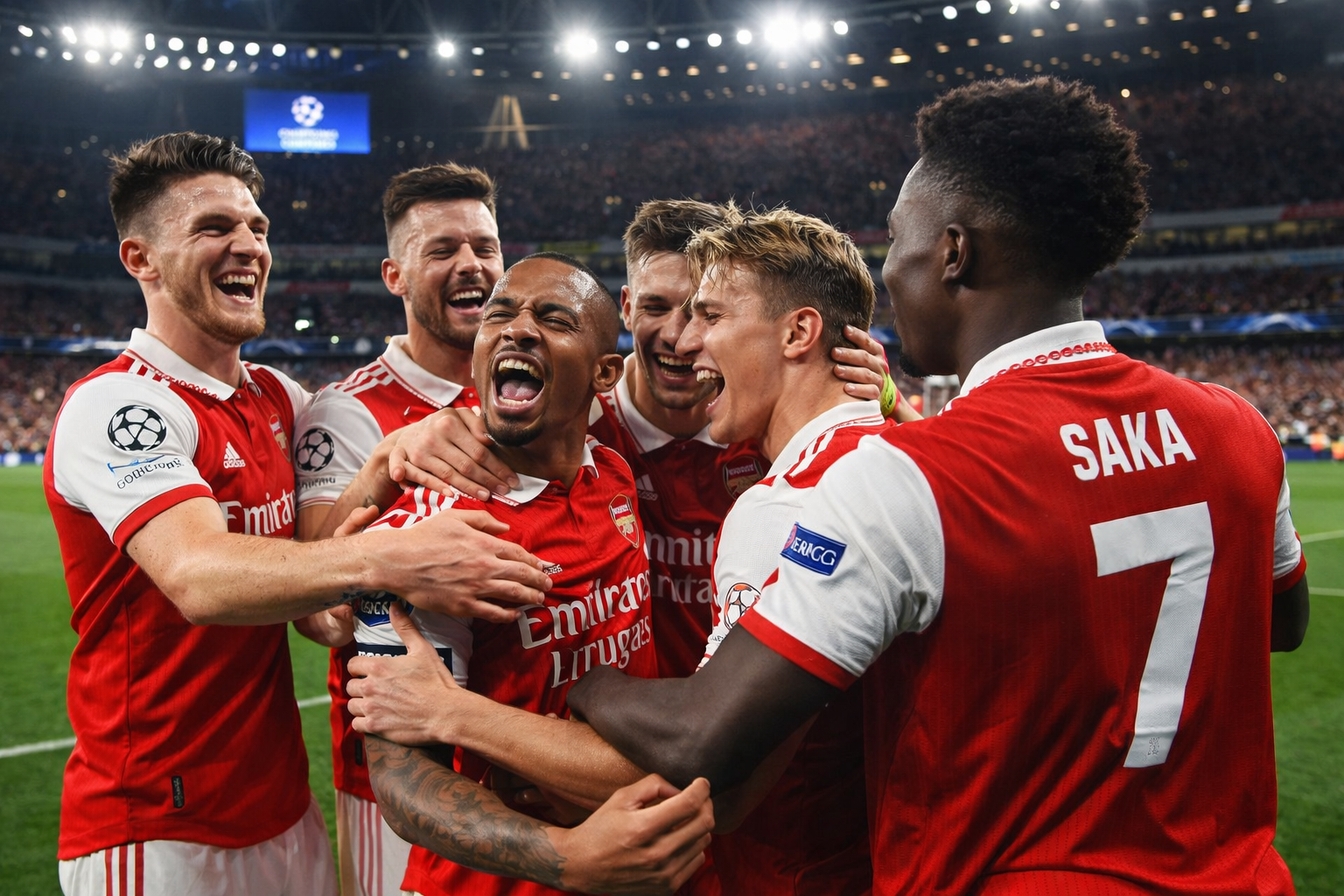 Arsenal players are celebrating eight straight Champions League wins