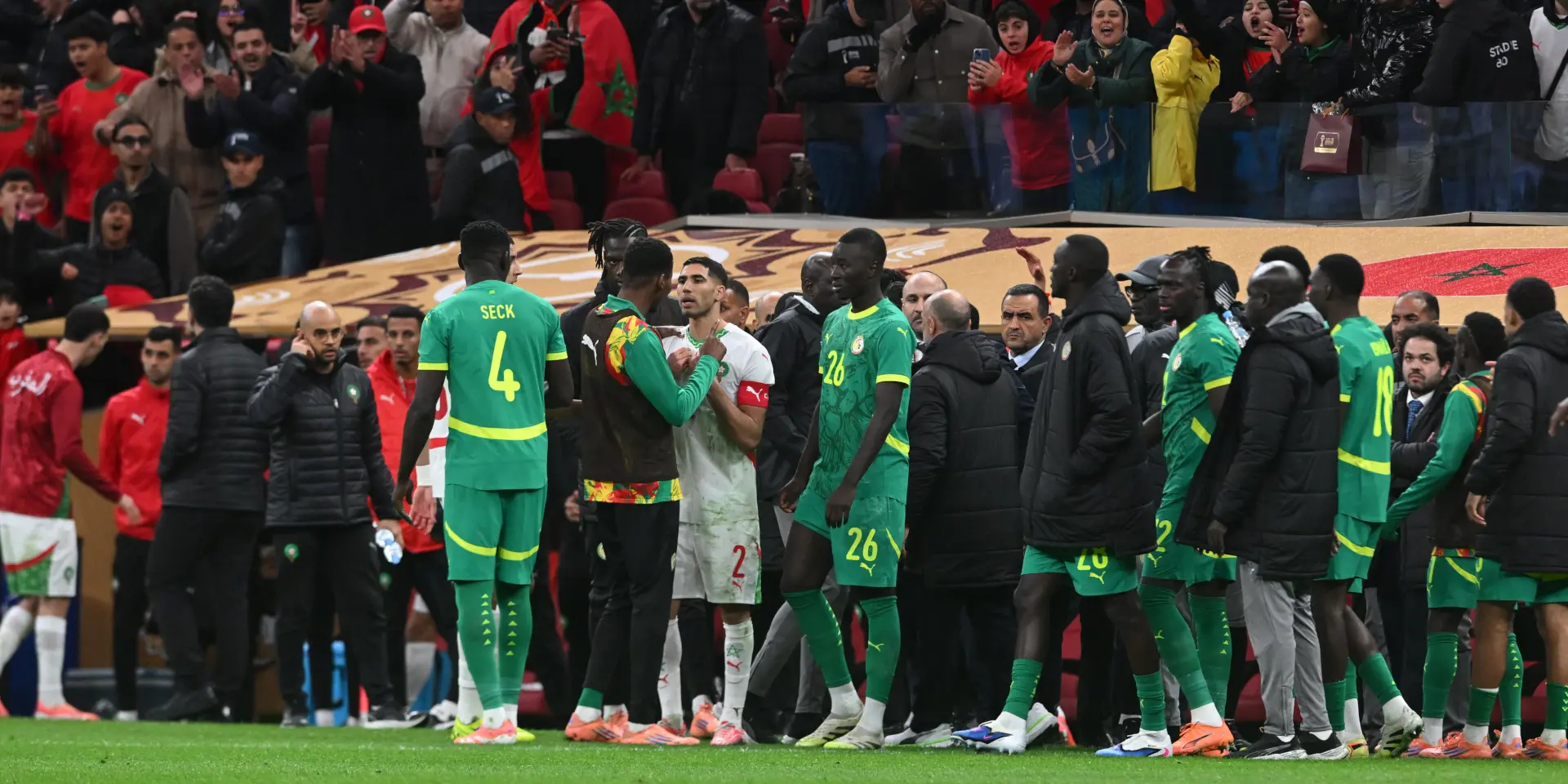 Senegal players protest referee decision during AFCON 2026 final against Morocco