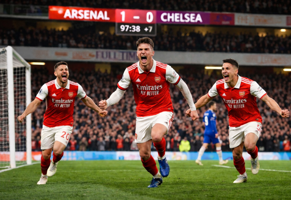 Arsenal celebrating late winner against Chelsea in EFL Cup semi-final at Stamford Bridge.